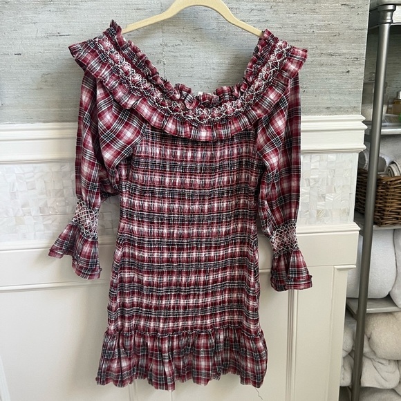 NWT new medium Anthropologie pilcro smocked red plaid mini dress ruffle tartan - Picture 14 of 17